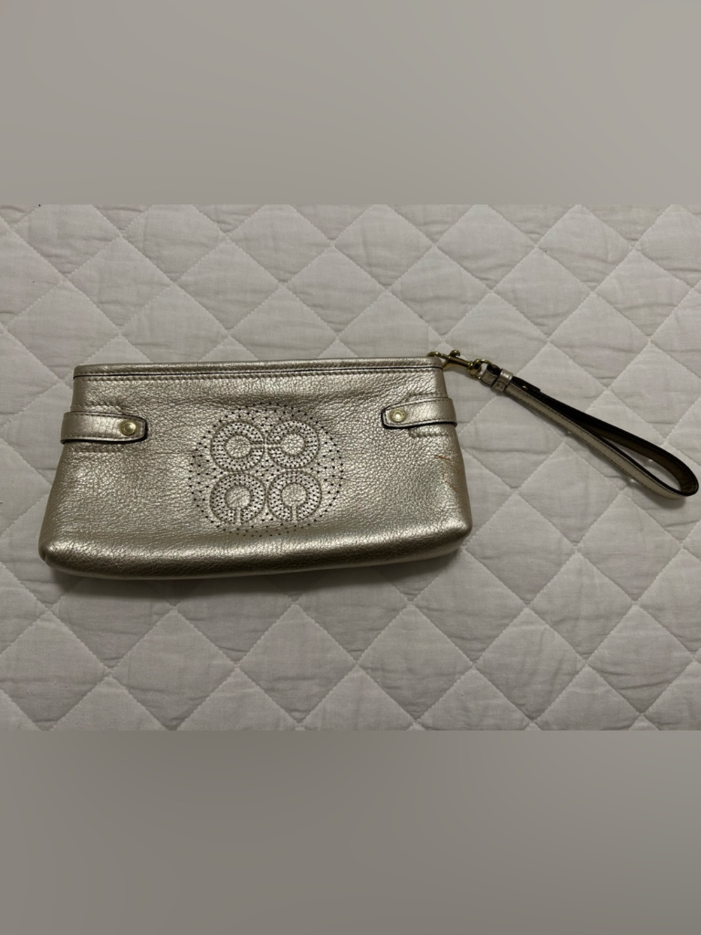Coach Metallic Gold/Silver Leather Wristlet Clutch with Perforated Logo